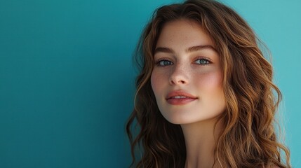 Fototapeta premium A woman with brown hair and blue eyes is smiling at the camera