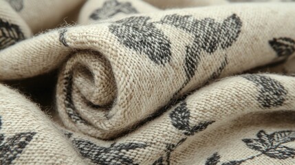Rolled up light beige fabric with dark leaf pattern