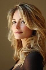 Naklejka premium A woman with long blonde hair is smiling and looking at the camera