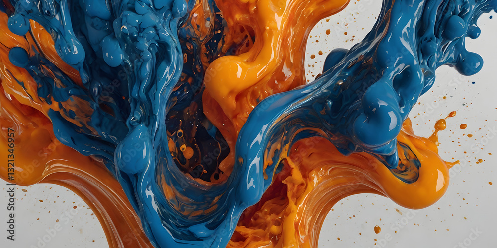 Poster chromatic collision: a dynamic abstract composition where vibrant blue and orange liquids collide an