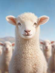 Naklejka premium Cute fluffy lamb stands proudly in a sunny pasture surrounded by herd on a clear day