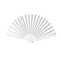 Mockup of a white folding hand fan set apart against a white background
