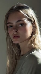 Fototapeta premium A woman with blonde hair and blue eyes is standing in front of a white wall