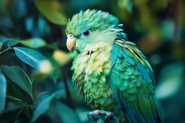 Fototapeta premium Close-up of vibrant green parrot resting amidst lush foliage, showcasing its colorful plumage and serene expression