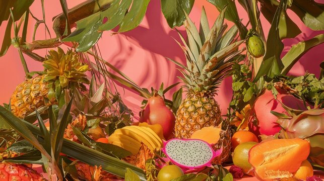 Close-up of a variety of tropical fruits and vegetables arranged in a colorful and vibrant display.