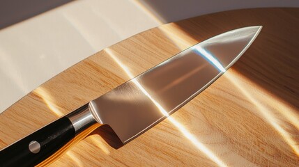 Close-up of a kitchen knife resting on a wooden surface. the knife has a long, sharp blade with a pointed tip and a black handle.