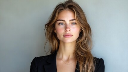 Fototapeta premium A woman with long brown hair and a necklace is standing in front of a white wall