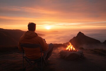 Obraz premium Relaxing by the campfire while watching the sunset over the mountains and clouds