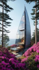 Modern sail-shaped glass house surrounded by vibrant pink flowers and tall pine trees near the ocean on a sunny day