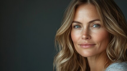 A woman with blonde hair and blue eyes is smiling