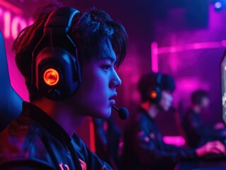 ESports team engages in a high-stakes competition showcasing strategic gameplay and focus in a vibrant gaming arena