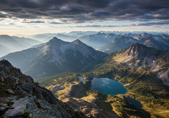 Breathtaking view of a serene alpine lake nestled among the majestic Austrian Alps mountain range.