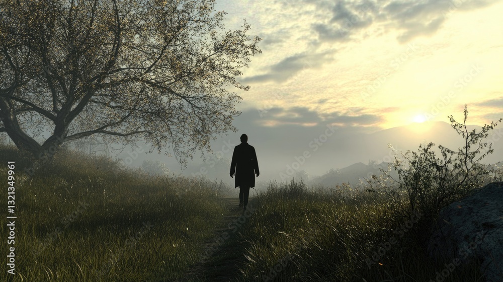 Poster a person standing in a field with a distant tree, ideal for outdoor-themed projects
