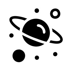 Black and White Planet Icon with Rings and Orbiting Moons – Space Symbol © Graphics Dot