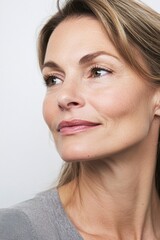 A woman with a smile on her face and a pink lip color