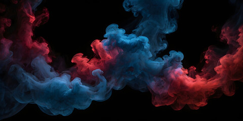 Fototapeta premium Mystical Smoke Plumes: An artistic and dynamic composition of swirling plumes of blue and red smoke dancing against a deep black backdrop, creating an abstract and captivating visual.
