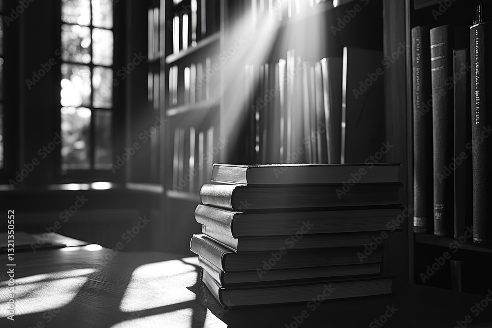 Poster a stack of books resting on a wooden table, perfect for depicting knowledge and learning