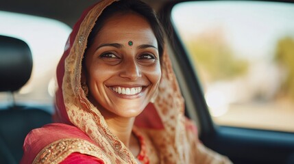 Portrait of a cheerful indian woman driving her new car