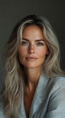 Naklejka premium A woman with long blonde hair and a tan complexion is smiling at the camera
