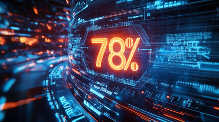 A futuristic digital interface displaying "78%" in glowing holographic numbers, surrounded by swirling data streams.