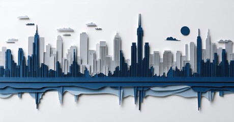 Obraz premium Paper cutout of waveform forming city skyline deep navy and muted silver symbolizing urban podcast culture