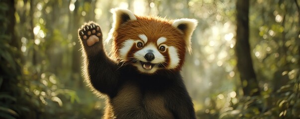 Obraz premium A small red panda waving its paw from a green forest