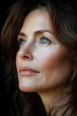 Fototapeta premium A woman with long dark hair and a blue eye