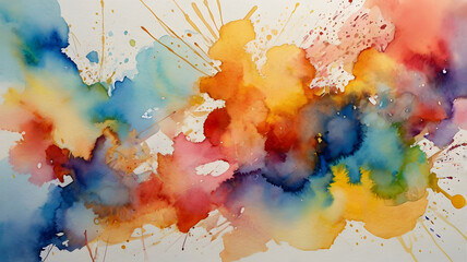 Abstract Watercolor Splash: A vibrant, dynamic composition bursts with color, where blended hues of orange, blue, red, and yellow create a captivating display of fluidity and artistic expression.