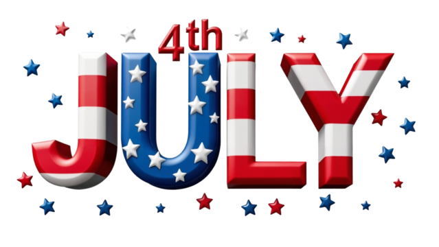 4th JULY Celebration Text Design Isolated on Transparent Background for Independence Day Promotions