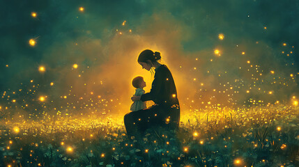 loving mother and child share an intimate moment in dreamy field, surrounded by glowing lights, filled with tenderness