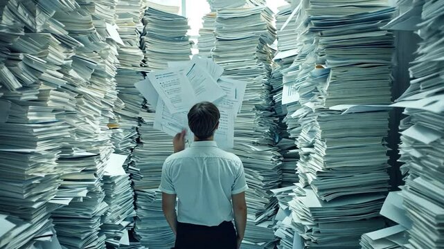 Overwhelmed professional facing stacks of paperwork representing corporate backlog