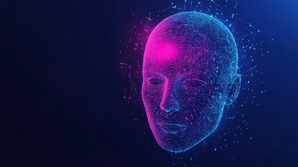 Futuristic 3D rendered digital human head outline with neon fingerprint-like contour lines against a deep blue background. Concept of digital identity, biometrics, cybersecurity, advanced technology