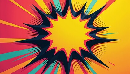 Naklejka premium Vibrant pop art explosion graphic, bright yellow starburst with bold black outline, dynamic red and teal spikes