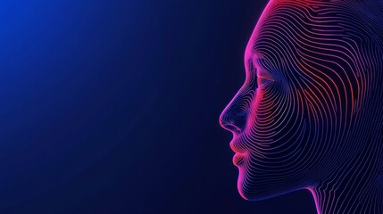 Futuristic 3D rendered digital human head outline with neon fingerprint-like contour lines against a deep blue background. Concept of digital identity, biometrics, cybersecurity, advanced technology