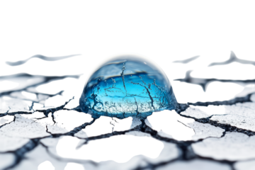 Blue water droplets resting on cracked ground isolated on transparent background