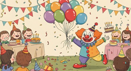 Obraz premium A cheerful clown entertains children at a vibrant birthday party filled with joy and colorful decorations