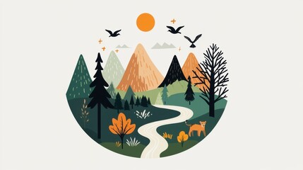 International Day of Forests. Autumnal Landscape Illustration with Mountains River and Fox