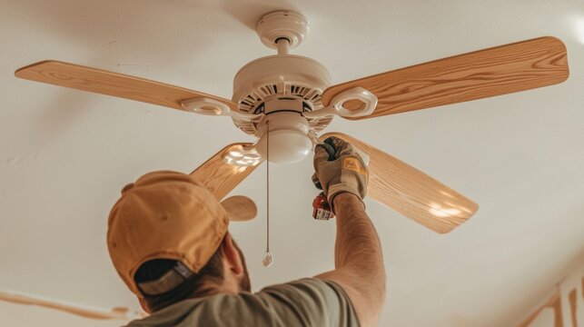 A man working on a ceiling fan. he is wearing a cap and gloves and is holding a screwdriver in his right hand. the fan has wooden blades and a white light fixture in the center.
