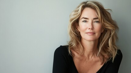 A woman with long blonde hair is smiling and looking at the camera