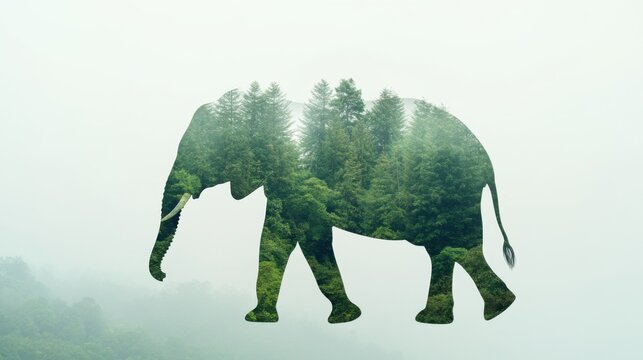 International Day of Forests. Elephant Silhouette Double Exposure with Lush Green Forest and Misty Mountains - Powered by Adobe