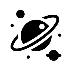 Black and White Planet Icon with Rings and Orbiting Moons – Space Symbol © Graphics Dot