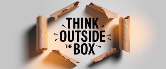 Torn brown paper reveals "Think Outside the Box" text, symbolizing creativity and innovative thinking, ideal for marketing or motivational concepts
