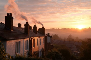 Colorful sunrise illuminates chimneys of houses in a rural setting near a misty valley
