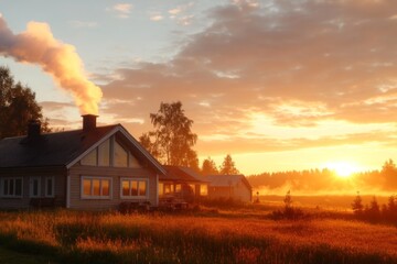 Sunrise over a tranquil countryside house with rising smoke in a serene landscape