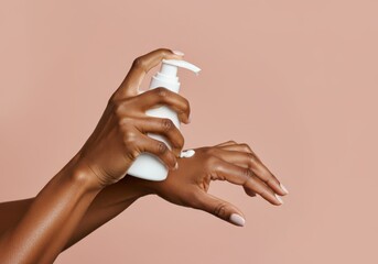 Close up of young black woman dispensing moisturizing lotion onto hand, highlighting skincare routine and maintaining soft, healthy skin texture