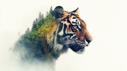 International Day of Forests. Majestic Tiger Double Exposure with Lush Forest and Fog