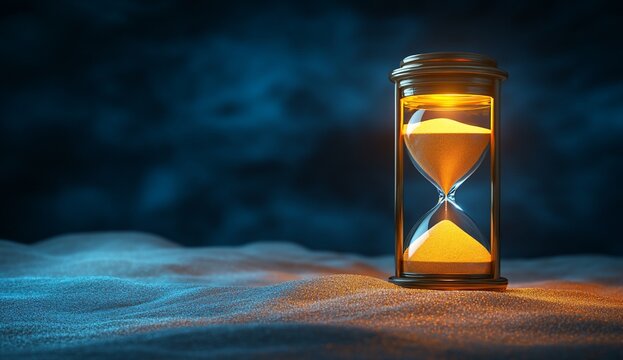 Glowing hourglass counts down on a sand dune; time passes, urgency, deadline use