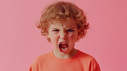 a shouting child being angry on pink background