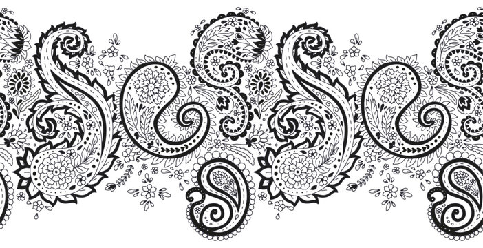 Seamless border with black and white paisley floral pattern. Intricate eastern vintage background. Bohemian monochrome textile design.
