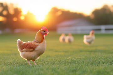 Fototapeta premium a group of chickens in the grassy field,